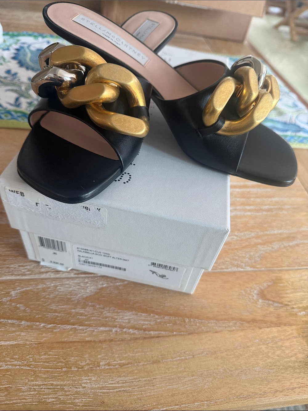 Stella McCartney Black Slide Mules with Oversized Gold Chain